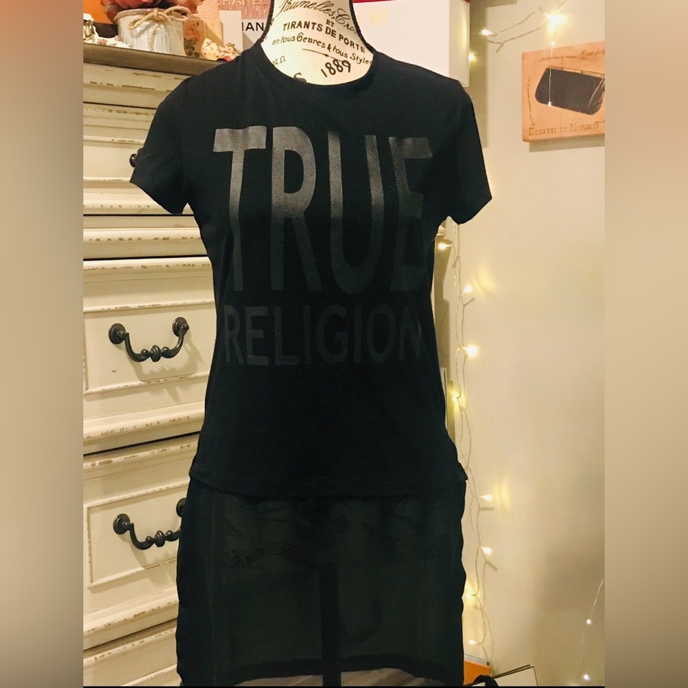 TRUE RELIGION Women T Shirt Long T Shirt Tunic Sheer Hem Sz XS